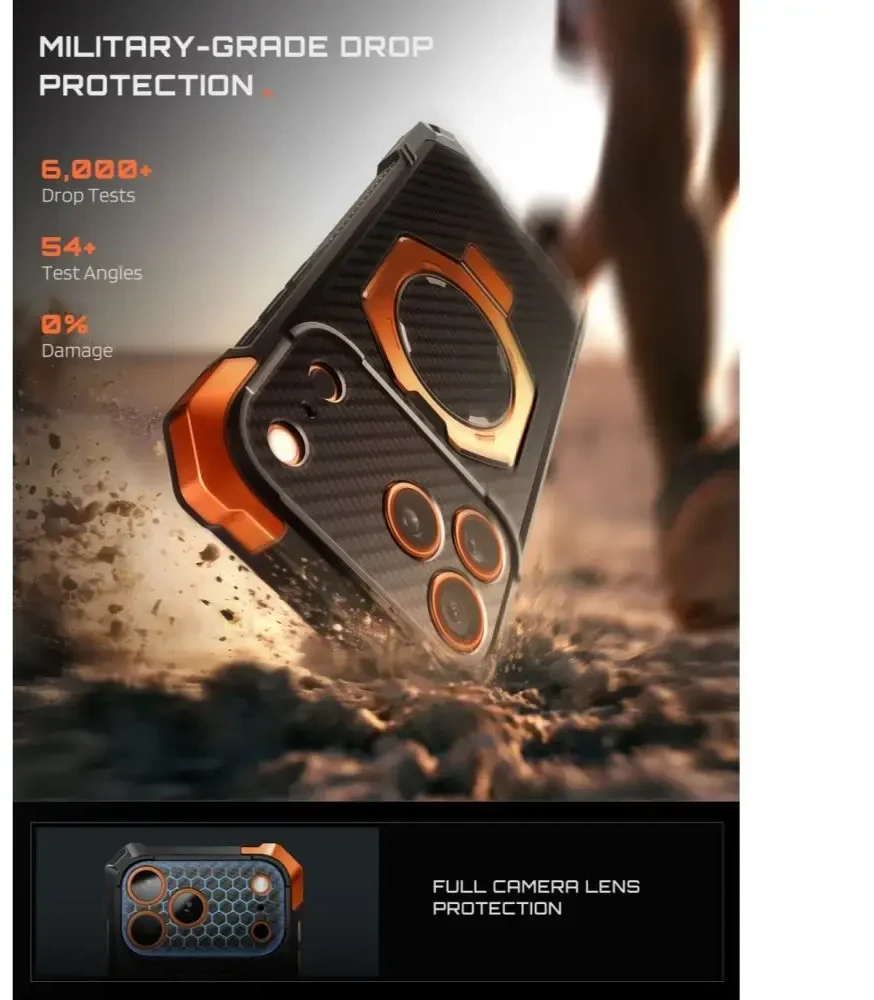 SUPCASE UB GRIP MAG MagSafe iPhone 17 PRO MAX / 18 PRO MAX ARAMIDINIS DĖKLAS Juodas/ORANŽINIS