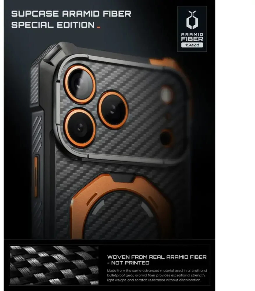 SUPCASE UB GRIP MAG MagSafe iPhone 17 PRO MAX / 18 PRO MAX ARAMIDINIS DĖKLAS Juodas/ORANŽINIS