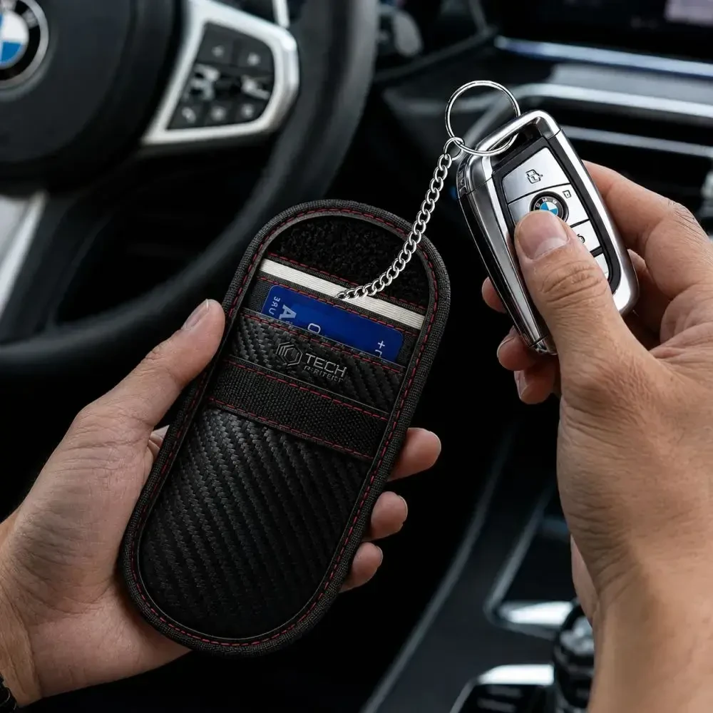 TECH-PROTECT KLR100 DĖKLAS KEYLESS RFID SIGNALO BLOKAVIMO DĖŽUTĖ CARBON JUODA/RAUDONA
