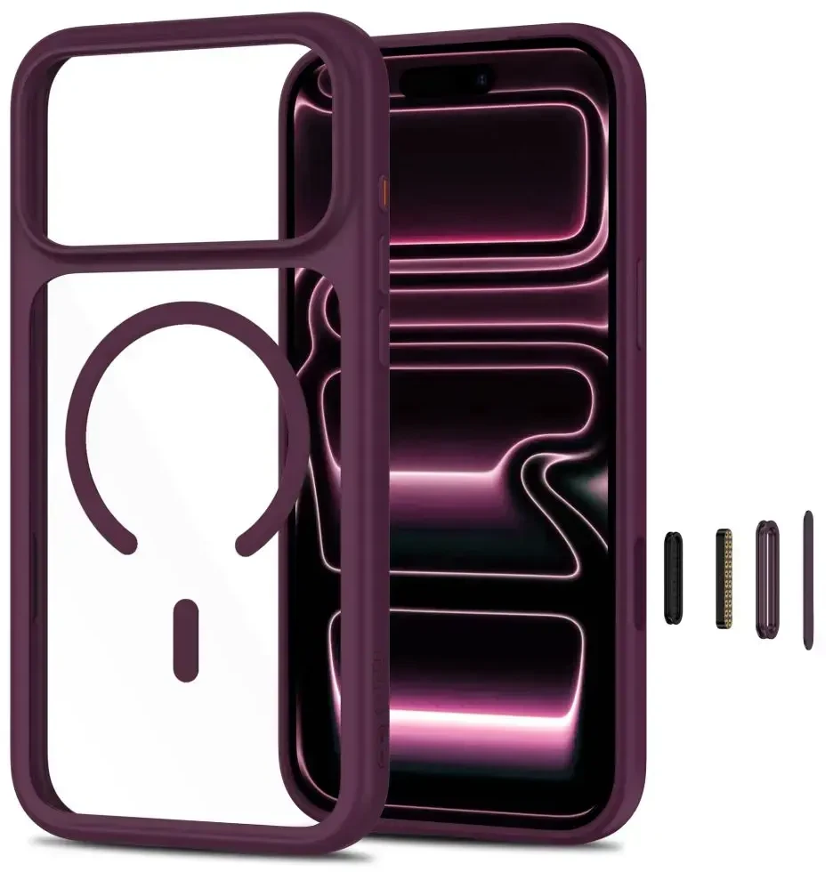 Tech-Protect MagOne CC MagSafe Case + Tempered Glass 2 vnt. for iPhone 18 Pro / 17 Pro - Clear Burgundy