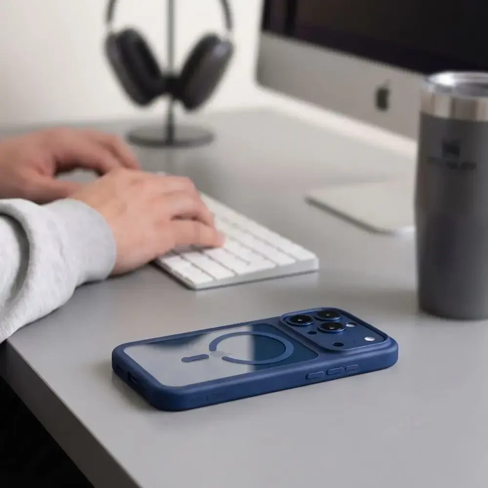 Tech-Protect MagOne MagSafe CC Case + Tempered Glass 2 vnt. for iPhone 18 Pro / 17 Pro - Clear Navy Mėlyna