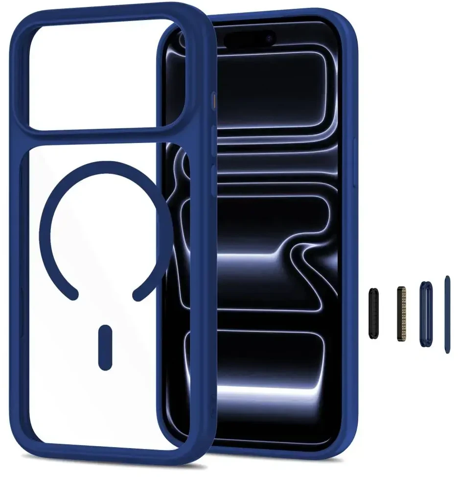 Tech-Protect MagOne MagSafe CC Case + Tempered Glass 2 vnt. for iPhone 18 Pro / 17 Pro - Clear Navy Mėlyna