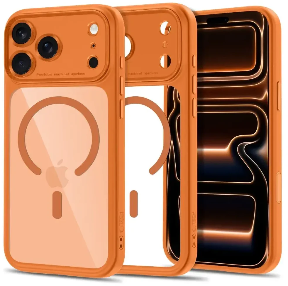 Dėklas TECH-PROTECT MAGPEAK MagSafe CC iPhone 17 Pro Max / 18 Pro Max KOSMINĖ ORANŽINĖ/SKAIDRI