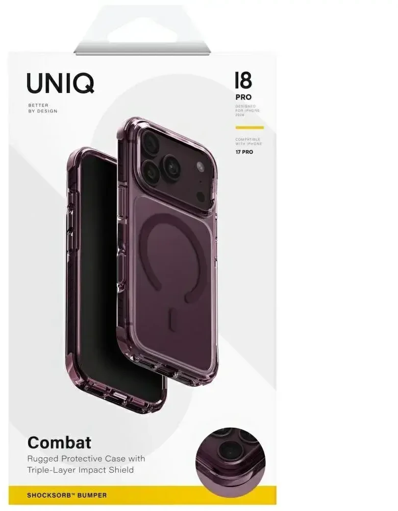 Dėklas UNIQ Combat, skirtas iPhone 18 Pro / 17 Pro, su Magclick Charging funkcija, burgundo spalvos