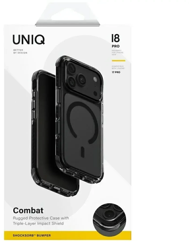 UNIQ Combat dėklas, skirtas iPhone 18 Pro / 17 Pro Magclick Charging, juodos spalvos