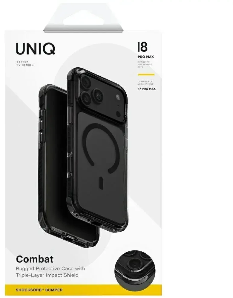 Dėklas UNIQ Combat, skirtas iPhone 18 Pro Max / 17 Pro Max, su Magclick Charging funkcija, juodos spalvos
