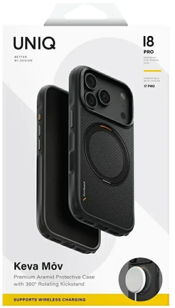 Dėklas UNIQ Keva Mov, skirtas iPhone 18 Pro / iPhone 17 Pro, Magclick Charging, juodos spalvos