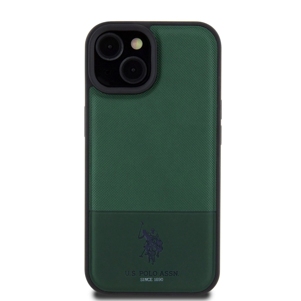 U.S. Polo PU odos tinklinio rašto dvigubas arklio dėklas, skirtas iPhone 15 Žalias