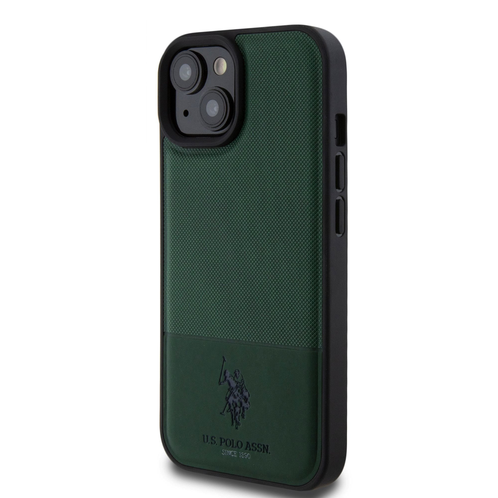 U.S. Polo PU odos tinklinio rašto dvigubas arklio dėklas, skirtas iPhone 15 Žalias