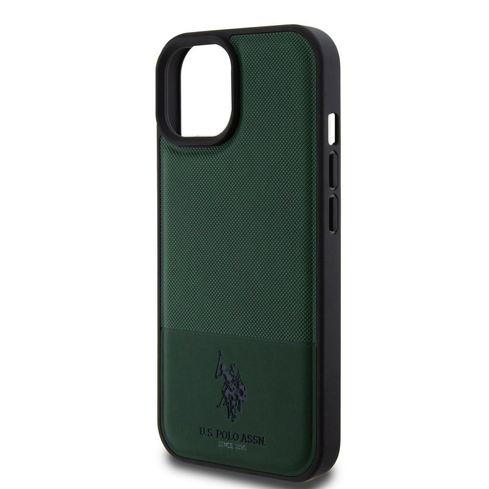 U.S. Polo PU odos tinklinio rašto dvigubas arklio dėklas, skirtas iPhone 15 Žalias