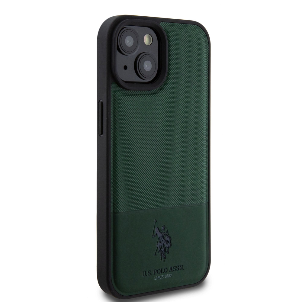 U.S. Polo PU odos tinklinio rašto dvigubas arklio dėklas, skirtas iPhone 15 Žalias
