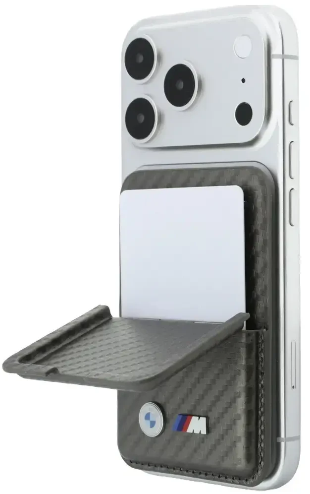 Dėklas Portfel BMW M Carbon Metal Logos MagSafe antracito