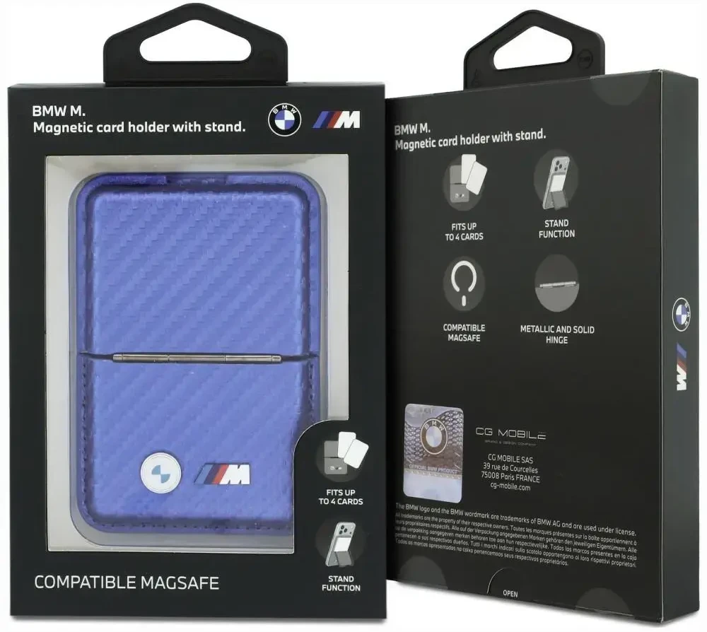 Dėklas Portfel BMW M Carbon Metal Logos MagSafe mėlyna