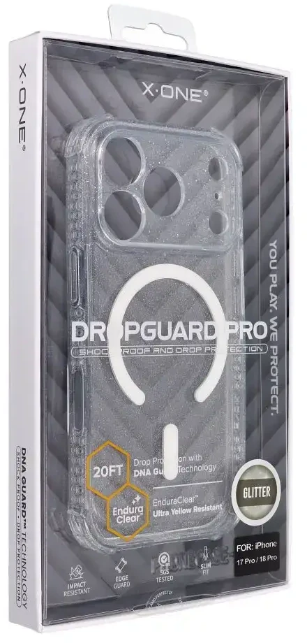 Dėklas X-ONE Dropguard Pro compatible with MagSafe for iPhone 18 Pro / 17 Pro glitter baltas
