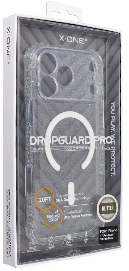 Dėklas X-ONE Dropguard Pro compatible with MagSafe for iPhone 18 Pro Max / 17 Pro Max glitter baltas