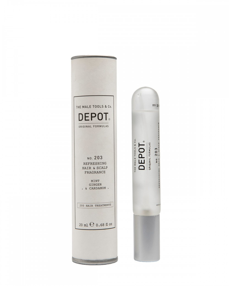 „Depot 200“ plaukų procedūros Nr. 203. Kvapusis plaukų purškiklis vyrams. Mėtų, imbiero ir kardamono. 20 ml.