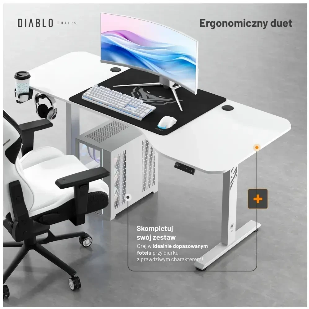Diablo Chairs Diablo X-Tension 1600 Baltas elektra reguliuojamas Žaidimų Stalas | 1600 x 600 x 1170 mm