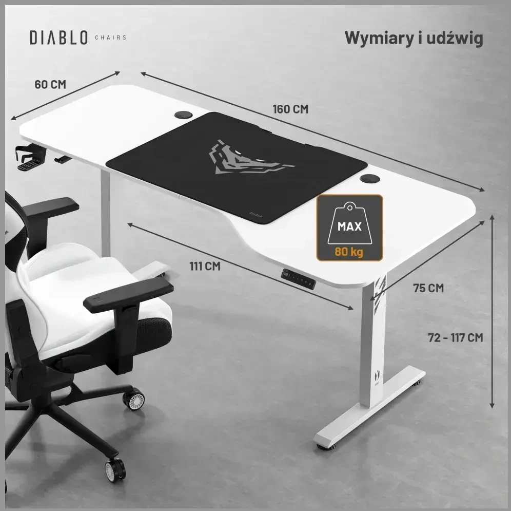 Diablo Chairs Diablo X-Tension 1600 Baltas elektra reguliuojamas Žaidimų Stalas | 1600 x 600 x 1170 mm