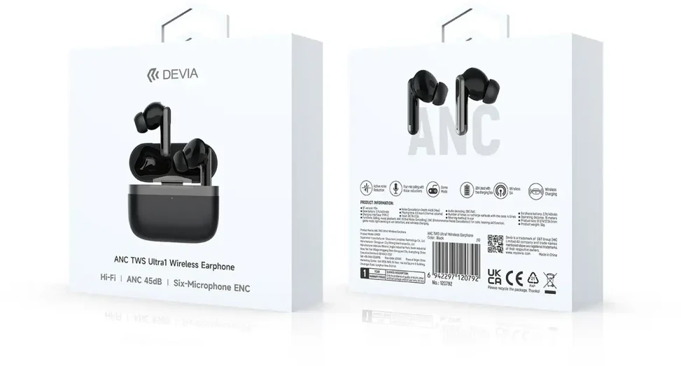 Devia ausinės Bluetooth TWS Ultra1 balta su ANC