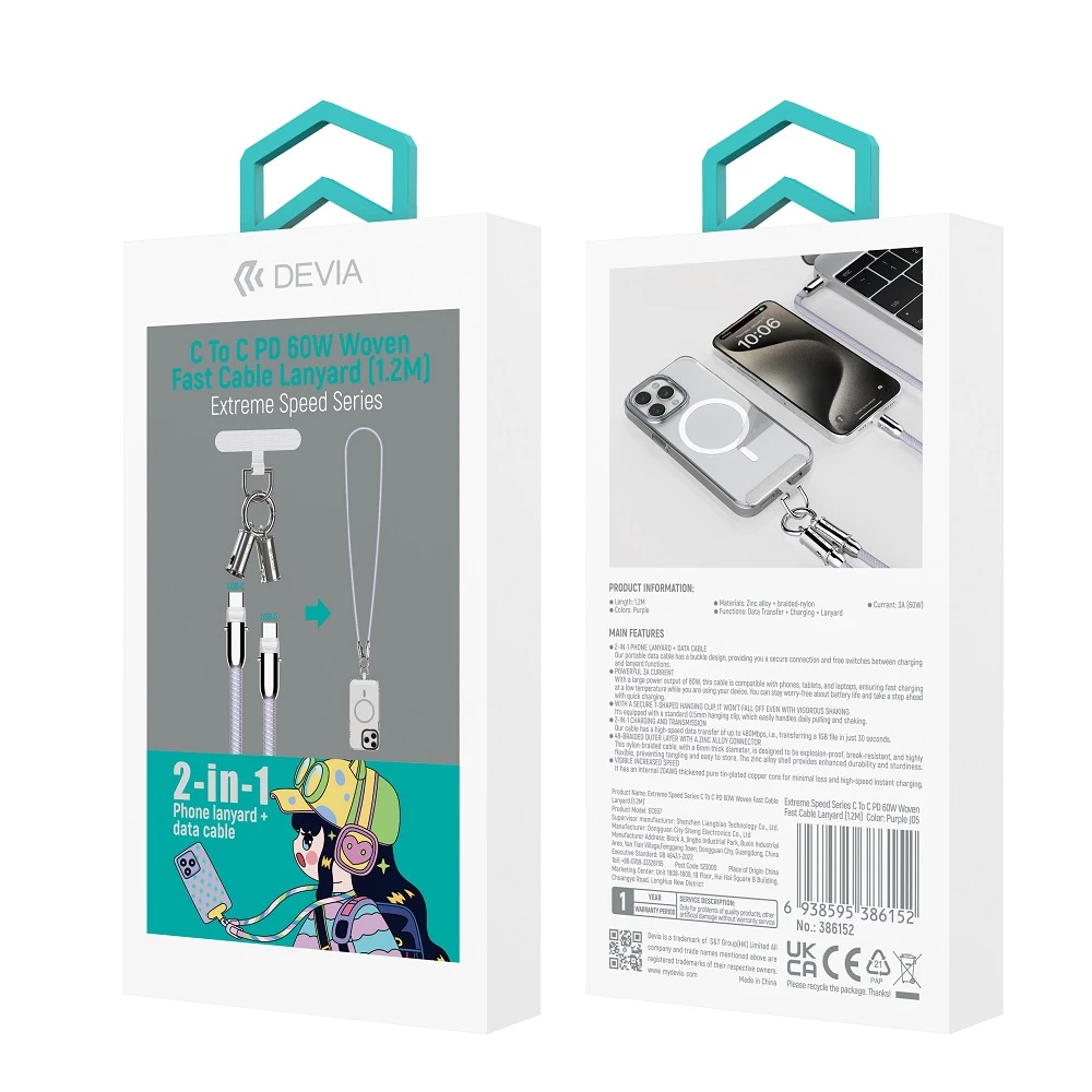 Devia kabelis lanyard 2in1 PD USB-C - USB-C 1,2 m 60W violetinės spalvos