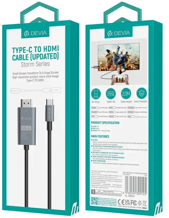 Devia kabelis Storm EC084 USB-C - HDMI 4K 60 Hz 2,0 m juodas