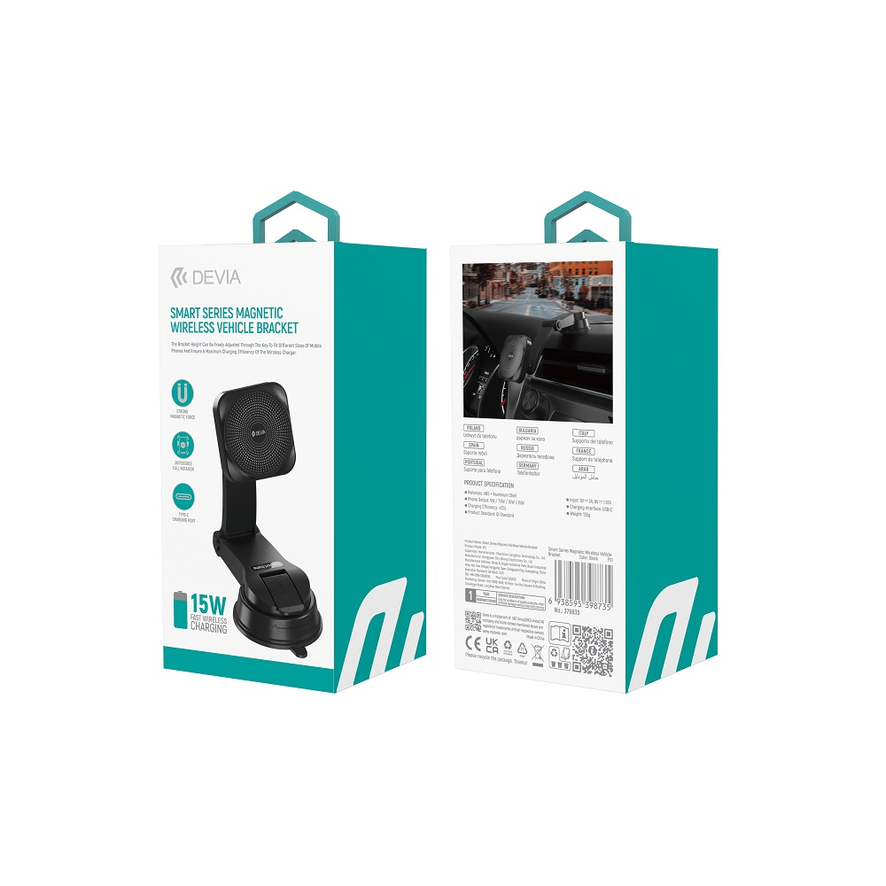 Devia automobilinis laikiklis magnetic EA473 with wireless inductive charger juodos spalvos 15W with suction cup