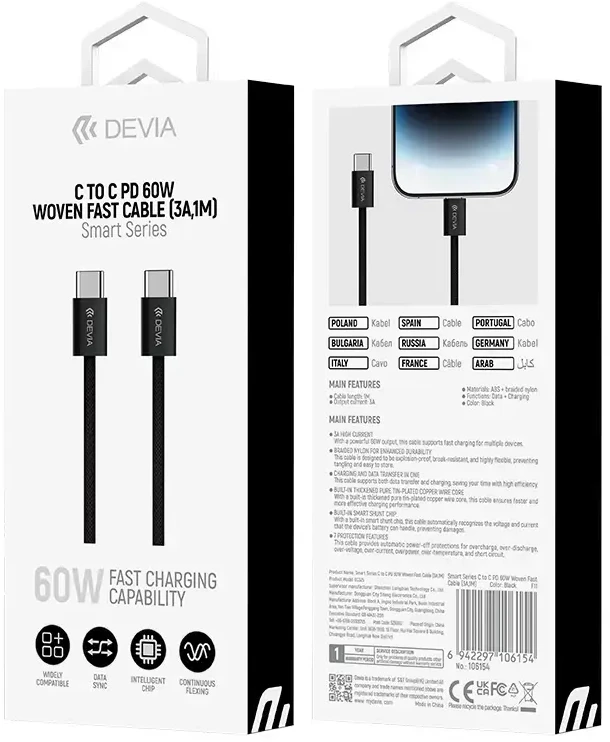 DEVIA EC325 USB-C to USB-C 60W 3A Data Kabelisis 1M Juodos spalvos