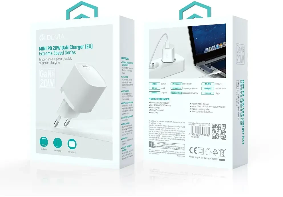 Devia laidinis įkroviklis Extreme Mini PD GaN 20W 1x USB-C baltos spalvos
