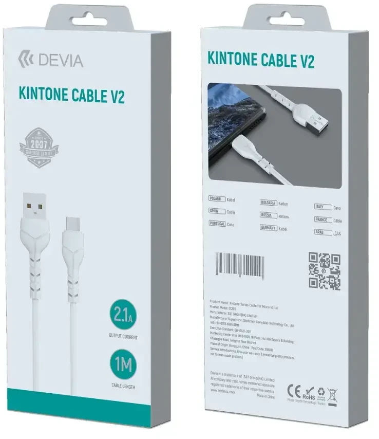 USB laidas Devia Kintone Type-C 1.0m baltas 5V 2.1A