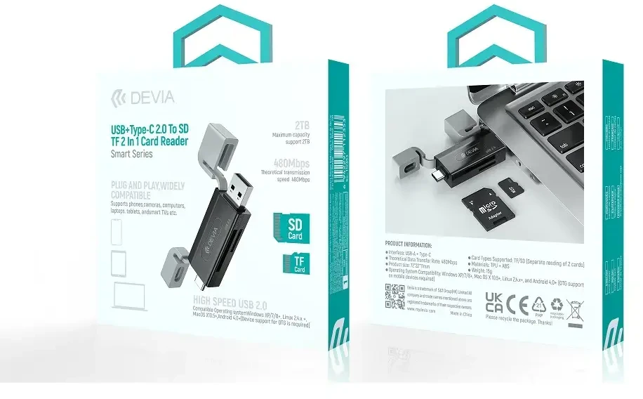 Devia kortelių skaitytuvas 2in1 EL239 USB/USB-C 2.0 juodos spalvos