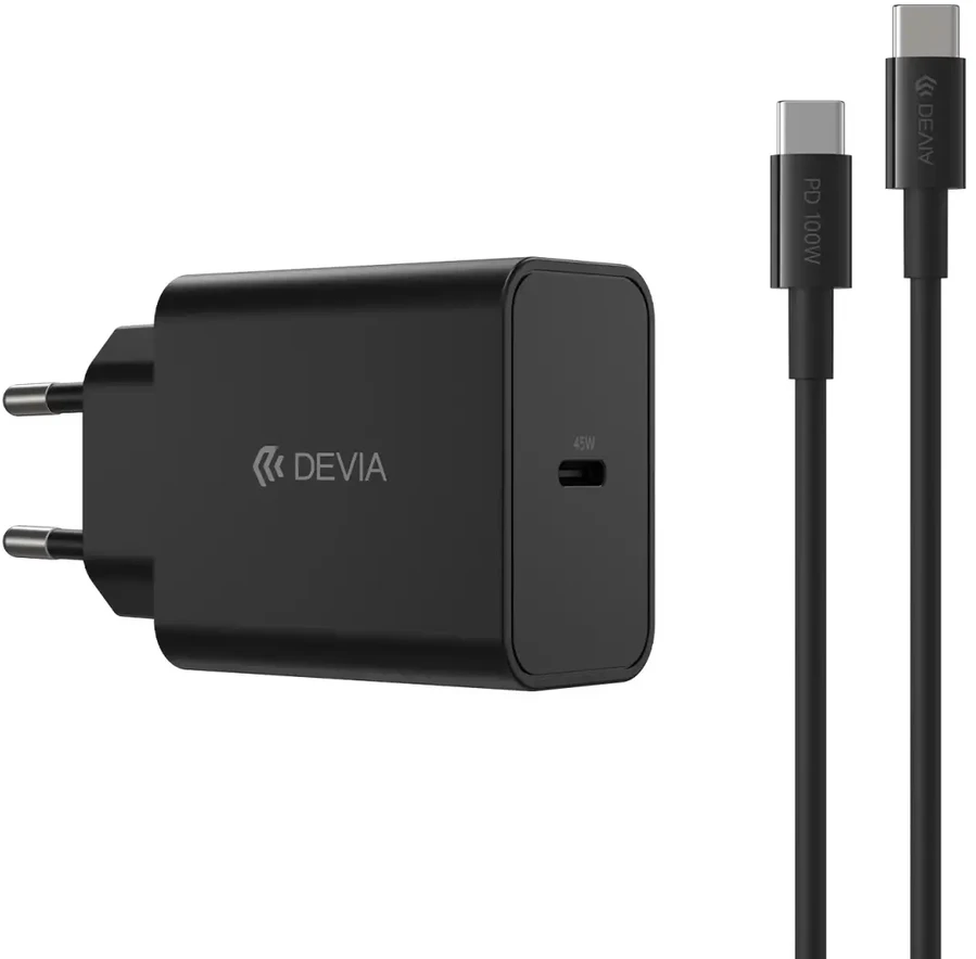 Devia sieninis įkroviklis Rocket PD 45W 1x USB-C baltas + laidas USB-C – USB-C