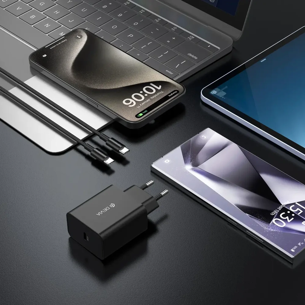 Devia sieninis įkroviklis Rocket PD 45W 1x USB-C baltas + laidas USB-C – USB-C