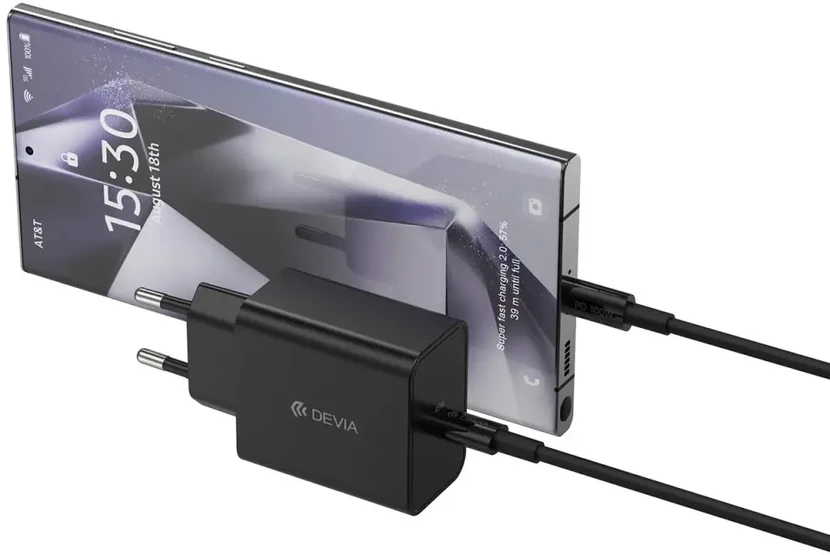Devia sieninis įkroviklis Rocket PD 45W 1x USB-C baltas + laidas USB-C – USB-C