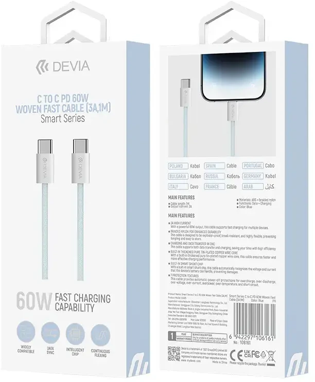 Devia kabelis Smart EC325 PD USB-C - USB-C 1,0 m 60W 3A mėlynos spalvos