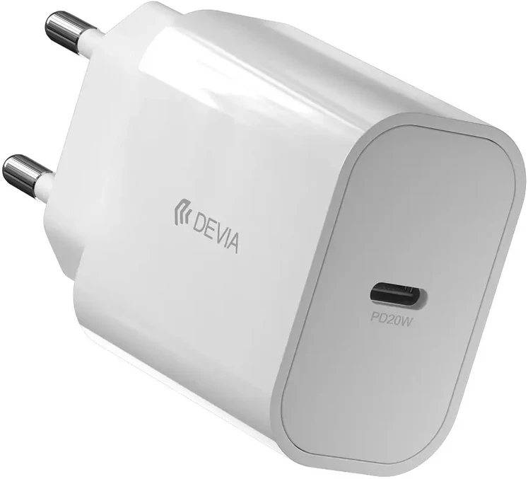 Devia Išmanusis kelioninis įkroviklis | 20W | PD | USB-C | su Lightning į USB-C kabeliu komplekte | baltas