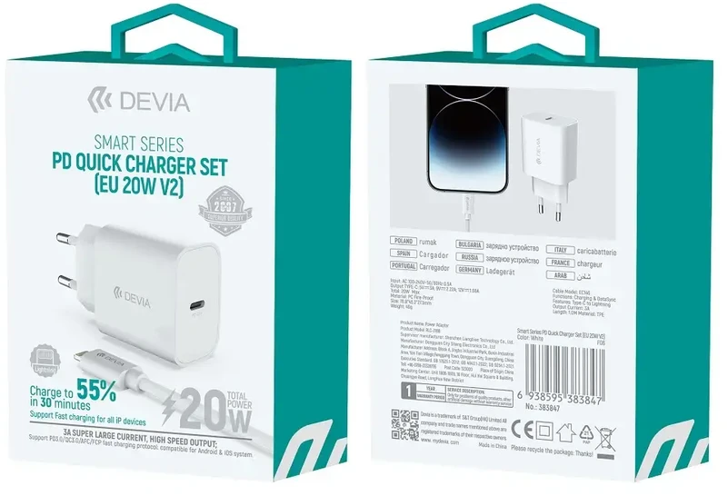Devia Išmanusis kelioninis įkroviklis | 20W | PD | USB-C | su Lightning į USB-C kabeliu komplekte | baltas