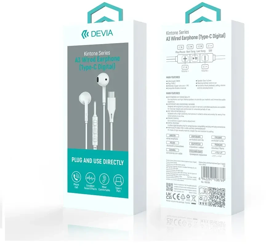Devia laidinės ausinės Kintone A3 Digital USB-C baltos spalvos