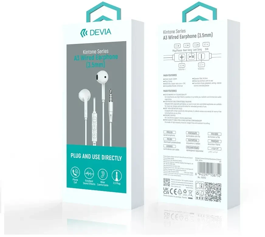 Devia laidinės ausinės Kintone A3 jack 3,5mm baltos spalvos