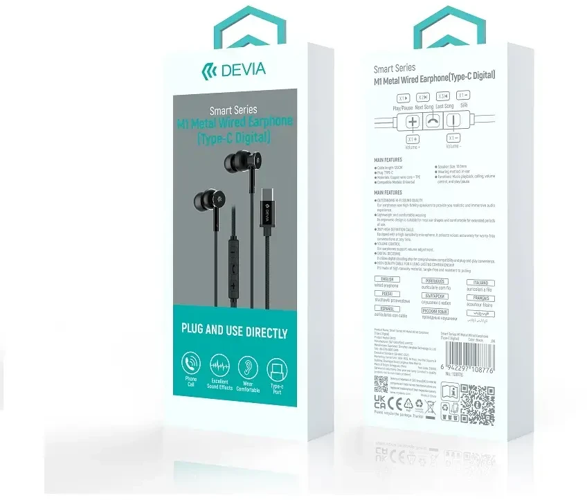 Devia laidinės ausinės Smart M1 Digital Metal USB-C juodos spalvos