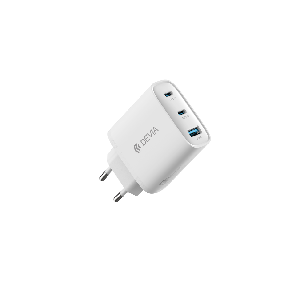 Devia laidinis įkroviklis Extreme PD GaN 65W 2x USB-C 1x USB baltos spalvos + kabeliu USB-C - USB-C laptop charger