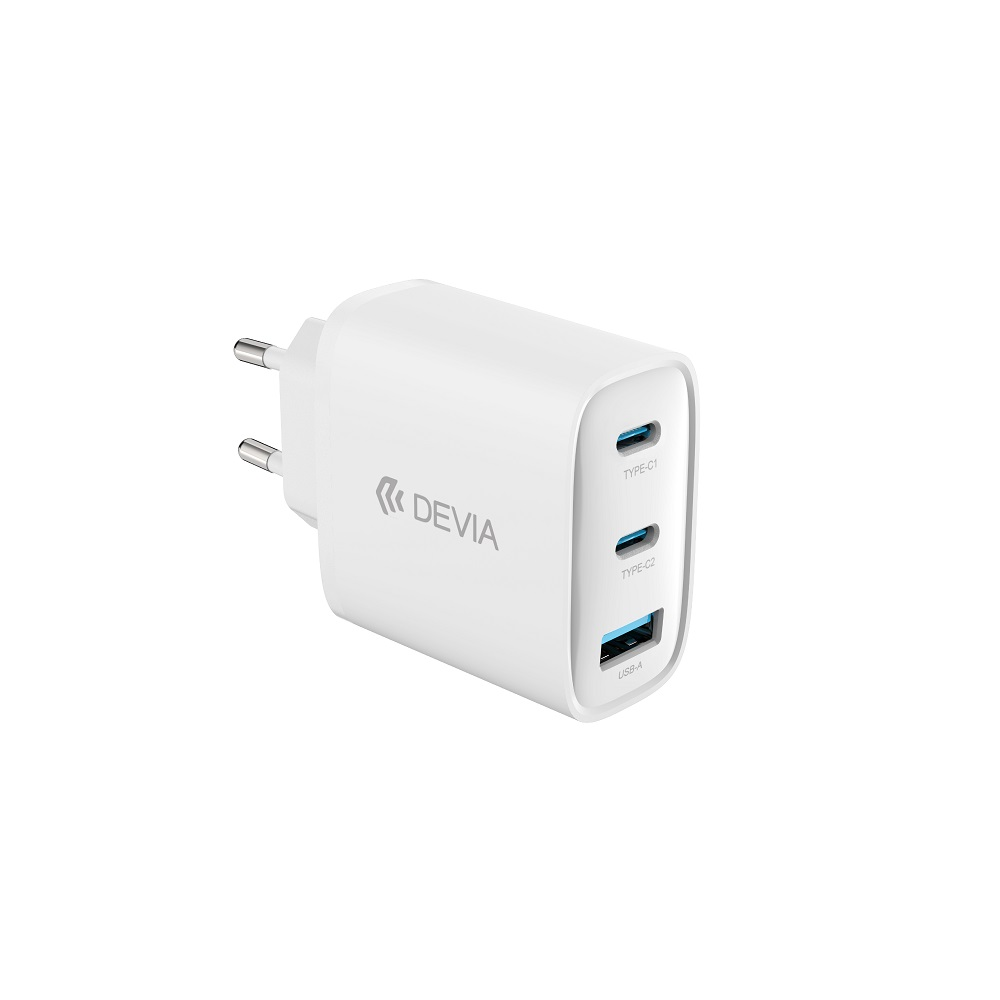 Devia laidinis įkroviklis Extreme PD GaN 65W 2x USB-C 1x USB baltos spalvos + kabeliu USB-C - USB-C laptop charger