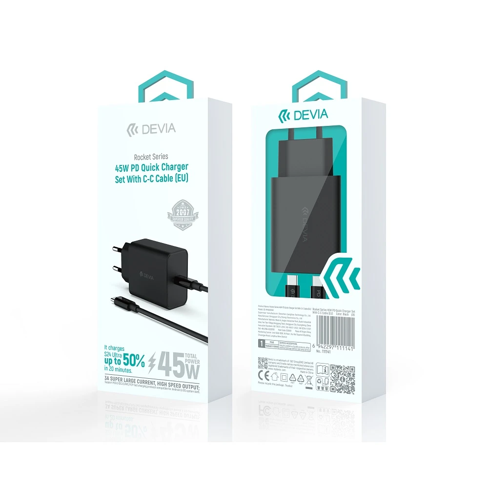 Devia laidinis įkroviklis Rocket PD 45W 1x USB-C juodos spalvos+ kabelis USB-C - USB-C