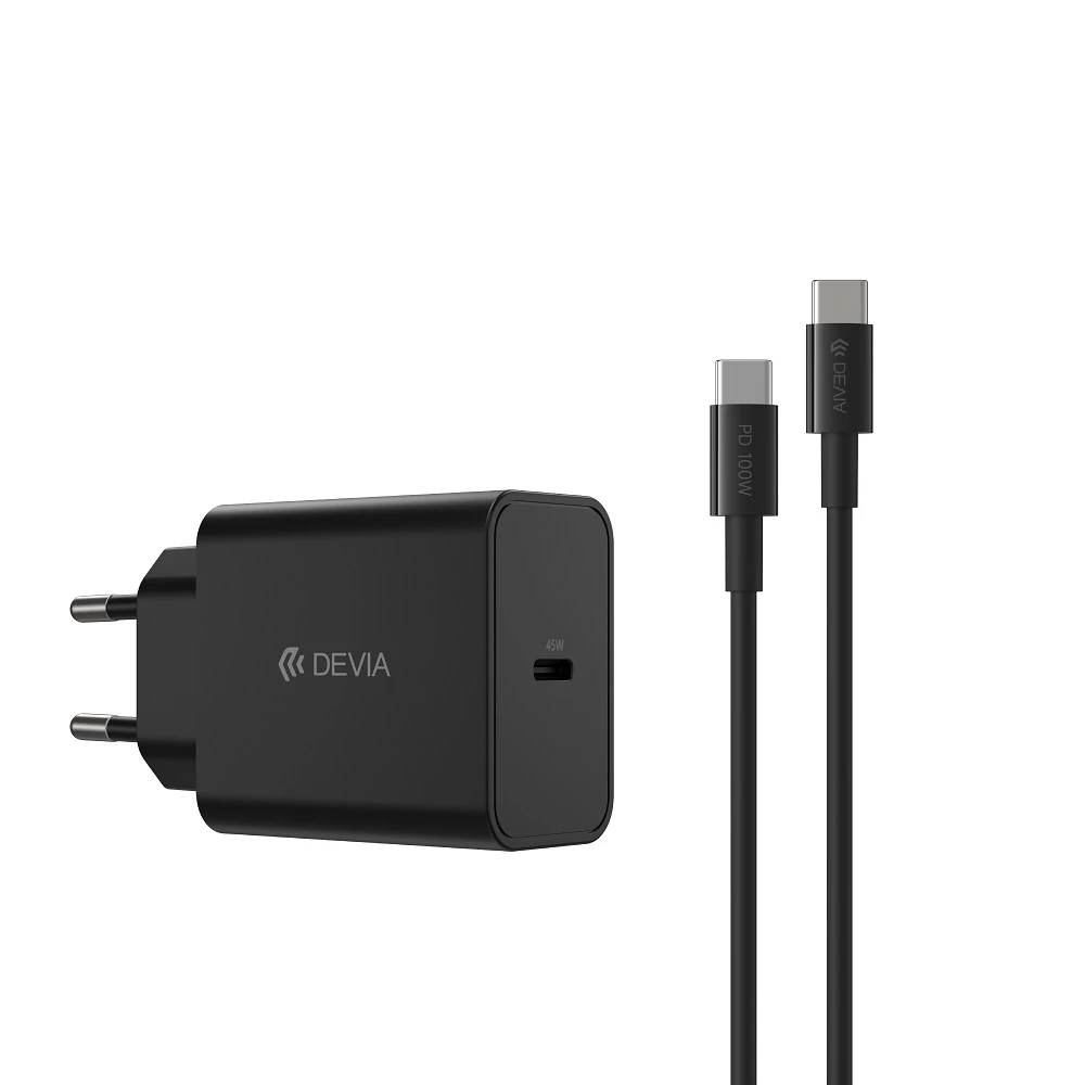 Devia laidinis įkroviklis Rocket PD 45W 1x USB-C juodos spalvos+ kabelis USB-C - USB-C