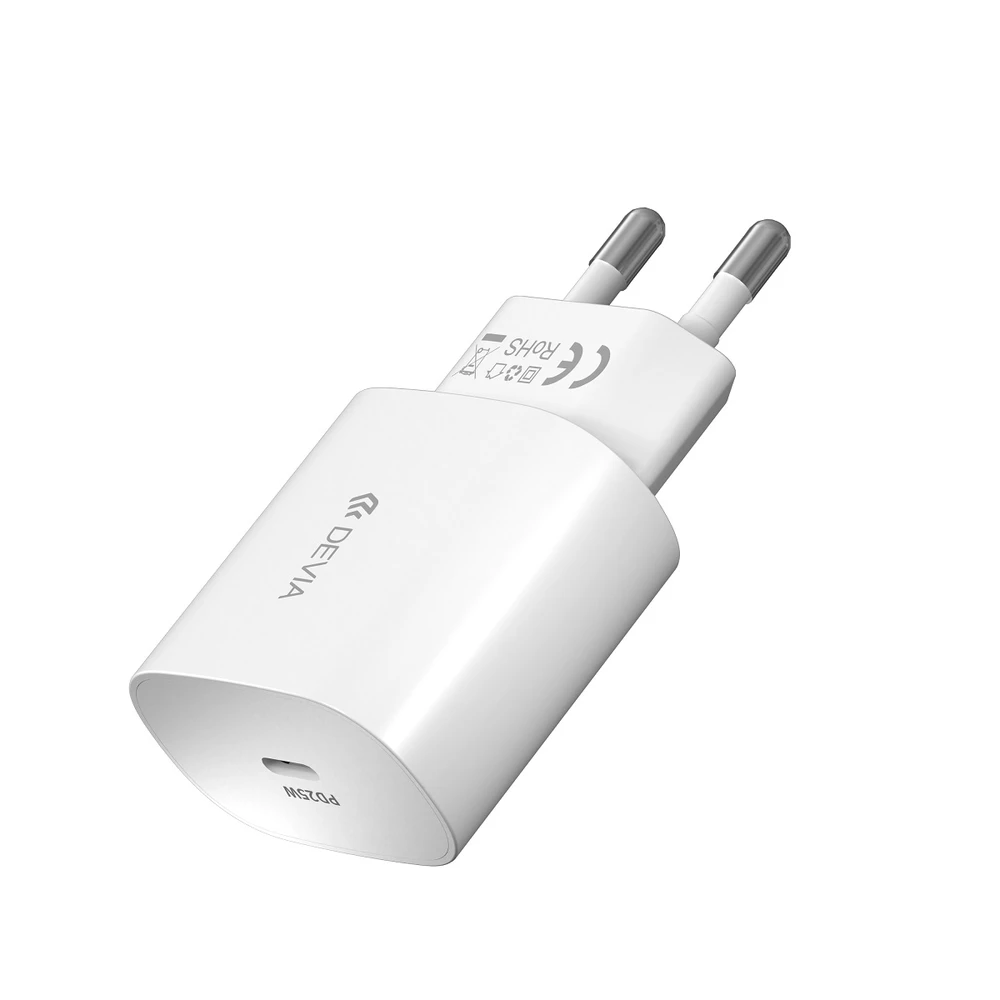 Devia laidinis įkroviklis Smart PD 25W 1x USB-C baltos spalvos + kabeliu USB-C - USB-C