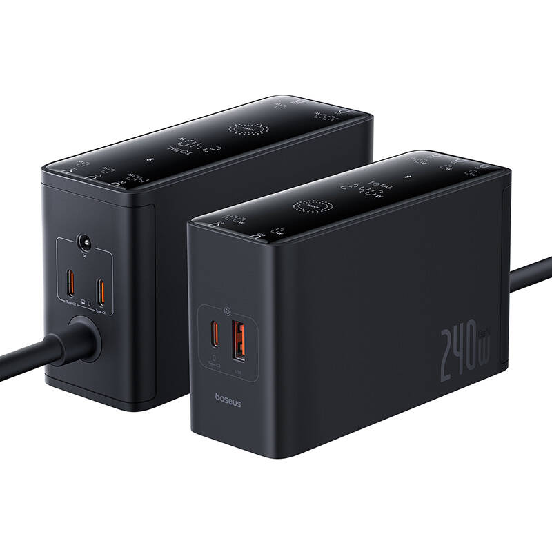 Skaitmeninis įkroviklis Baseus GaN, 3x USB-C + USB + DC, 240 W + kabelis 1 m (juodas)