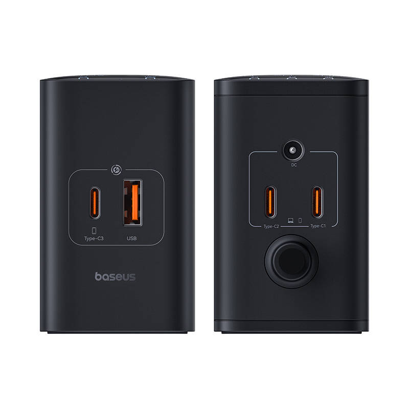 Skaitmeninis įkroviklis Baseus GaN, 3x USB-C + USB + DC, 240 W + kabelis 1 m (juodas)