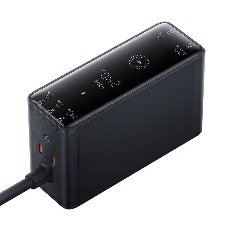 Skaitmeninis įkroviklis Baseus GaN, 3x USB-C + USB + DC, 240 W + kabelis 1 m (juodas)