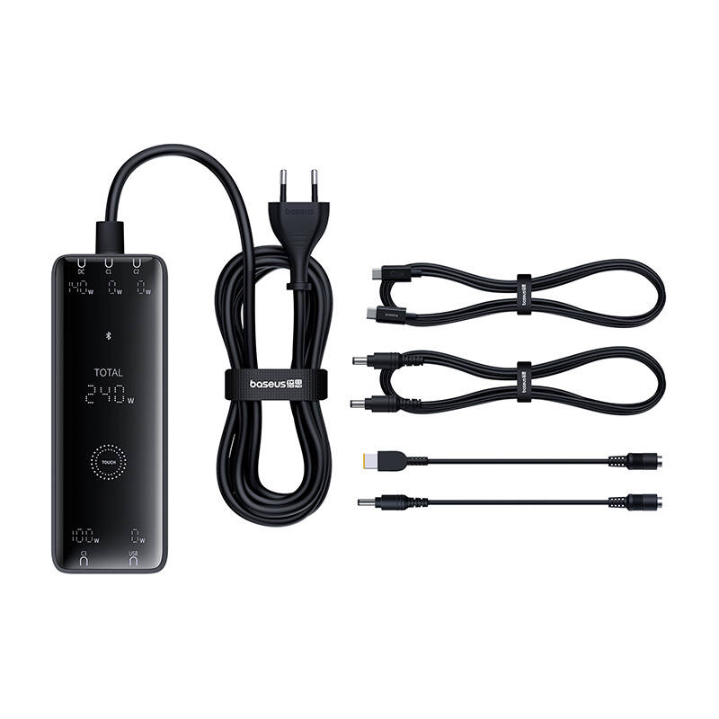 Skaitmeninis įkroviklis Baseus GaN, 3x USB-C + USB + DC, 240 W + kabelis 1 m (juodas)
