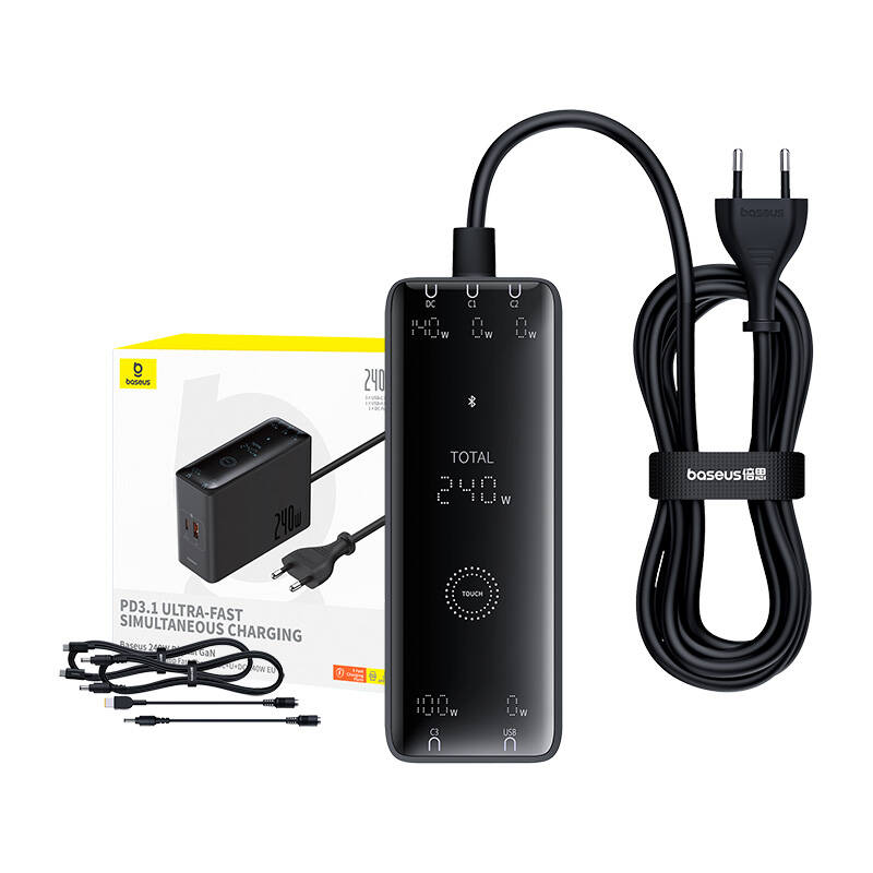 Skaitmeninis įkroviklis Baseus GaN, 3x USB-C + USB + DC, 240 W + kabelis 1 m (juodas)