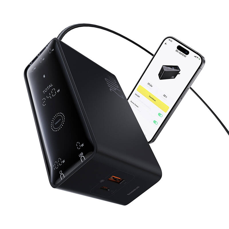 Skaitmeninis įkroviklis Baseus GaN, 3x USB-C + USB + DC, 240 W + kabelis 1 m (juodas)